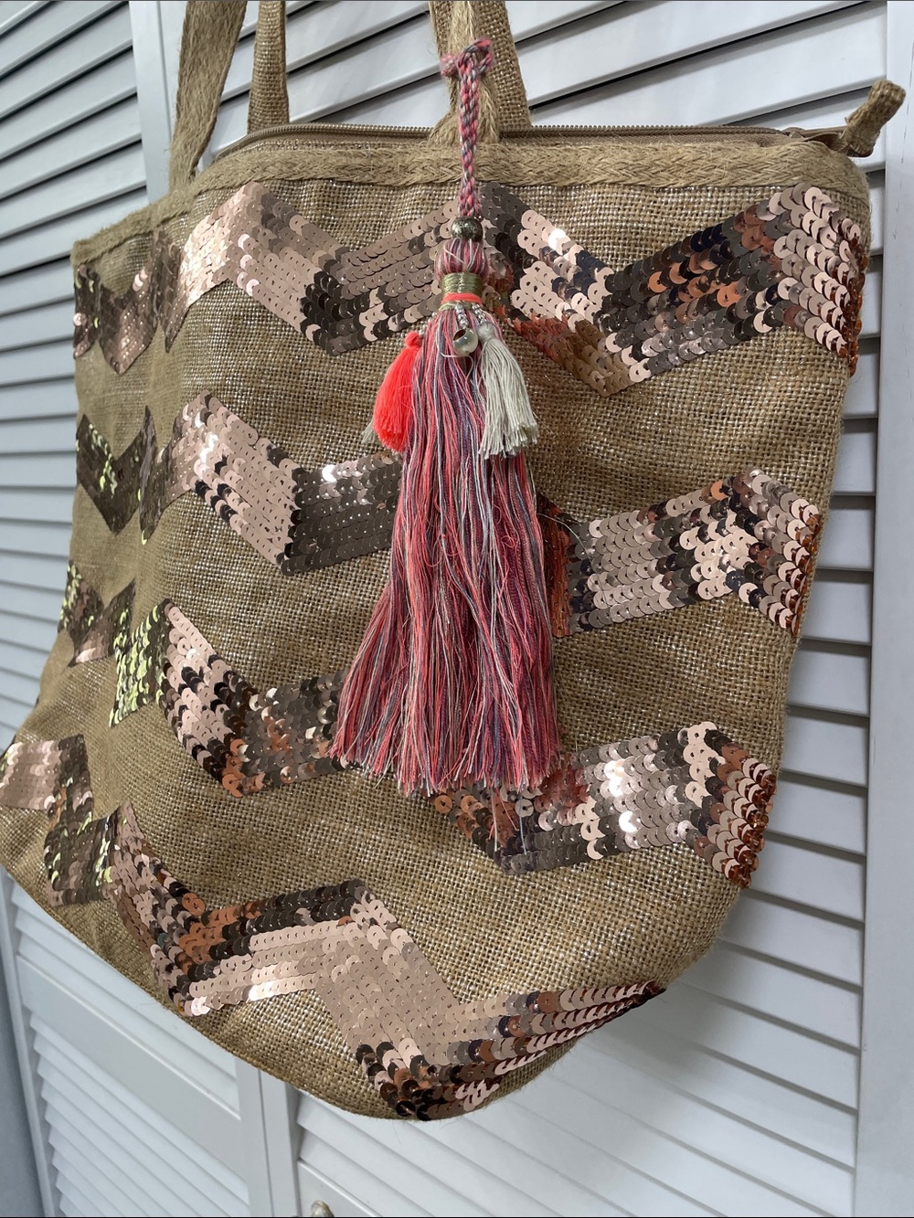 Accessorize London Rose Gold Sequin Embellished Jute Bag Polyester Lining